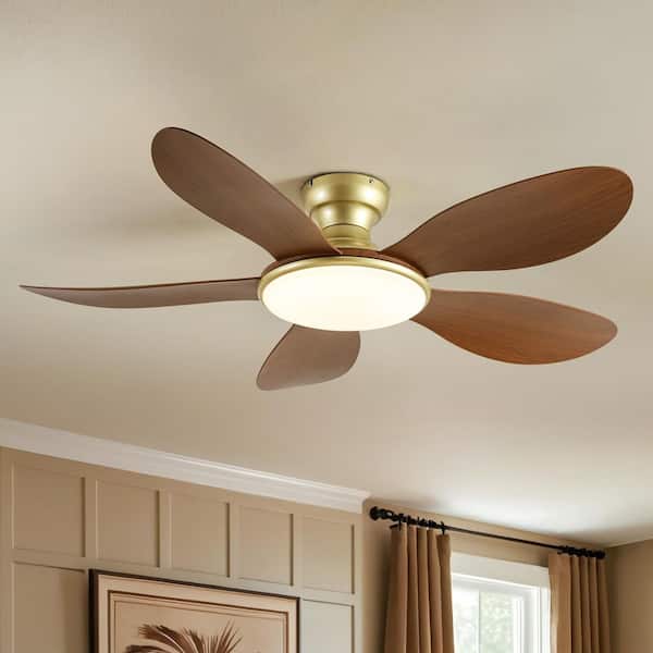 Solix 51.2 in. Vintage Gold and Walnut Flush Mount Farmhouse Standard Ceiling Fan Light with Integrated LED and Remote