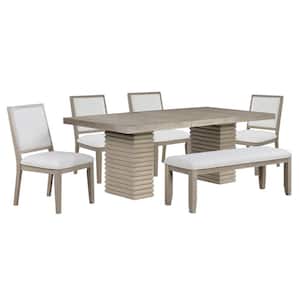 Lily 6-Piece Brown Wood Dining Set with 4 Upholstered Chairs and Bench