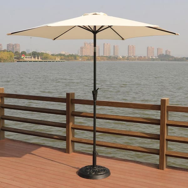 Coporesell 8.9 ft. Creme Outdoor Market Patio Umbrella with 33 lbs. Round Resin Umbrella Base, Push Button Tilt and Crank Lift