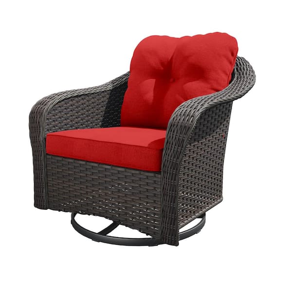 Gardenbee Wicker Patio Outdoor Rocking Chair Swivel Lounge Chair with Red Cushions