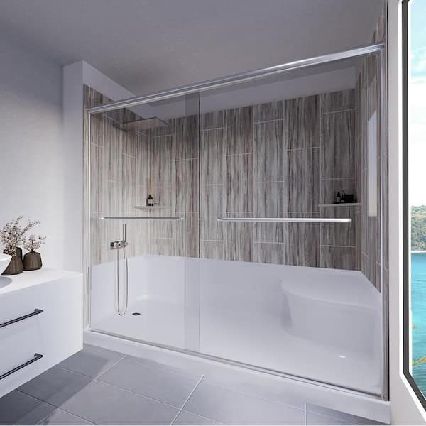 NuVo Driftwood-Rainier 60 in. L x 32 in. W x 83 in. H Base/Wall/Door Seated Base Alcove Shower Stall/Kit Chrome Left
