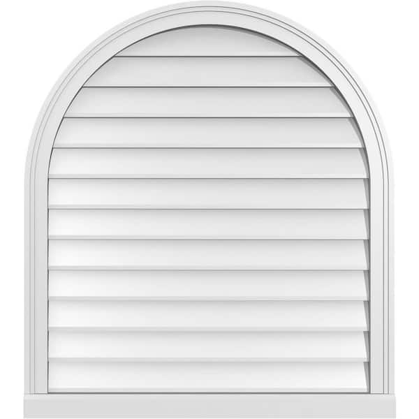 Ekena Millwork 32 in. x 36 in. Round Top Surface Mount PVC Gable Vent: Decorative with Brickmould Sill Frame
