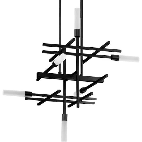 Progress Lighting Quadrant LED Collection 6-Light Matte Black Frosted Glass LED Modern Chandelier Light