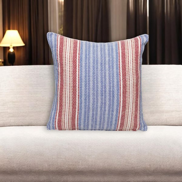 Blue, Red Striped Polyester 16 in. x 16 in. Throw Pillow