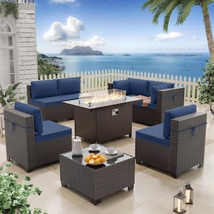 8-Piece Wicker Patio Conversation Set with 55000 BTU Aluminum Gas Fire Pit Table, Glass Coffee Table and Navy Cushions