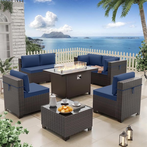 8-Piece Wicker Patio Conversation Set with 55000 BTU Aluminum Gas Fire Pit Table, Glass Coffee Table and Navy Cushions