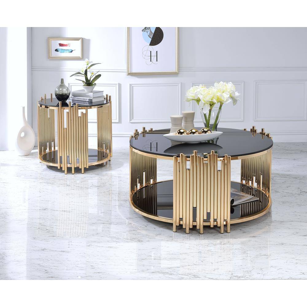 Tanquin Black Glass and Gold Round Coffee Table with Shelf