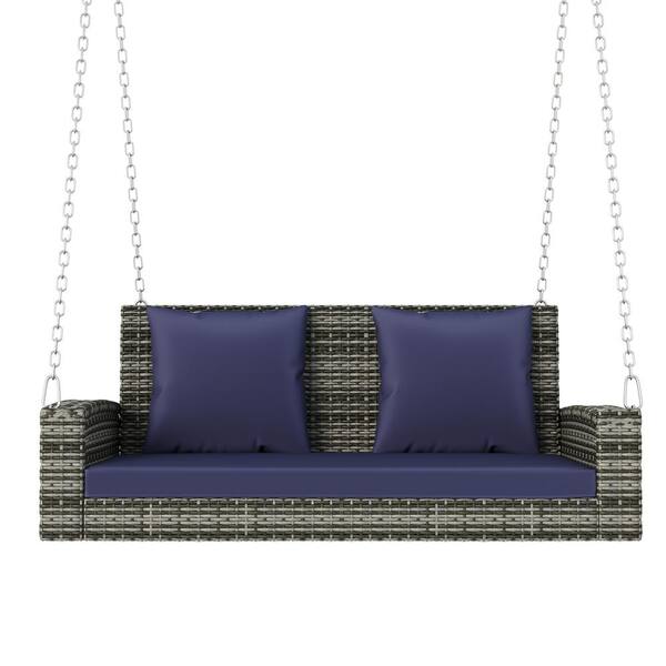 HOTEBIKE 2-Person Gray Wicker Hanging Porch Swing with Chains, Blue Cushion and Blue Pillows
