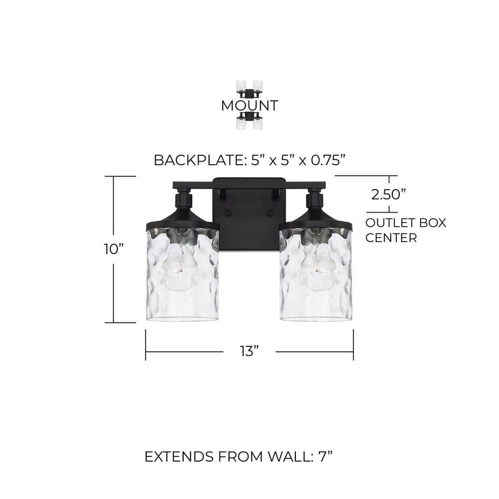 Matte Black Clear Water Glass 2-Light Vanity Fixture