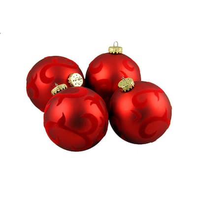 2.75 in. 70 mm Red Flocked Flourish Shatterproof Christmas Ball Ornaments (4-Count)