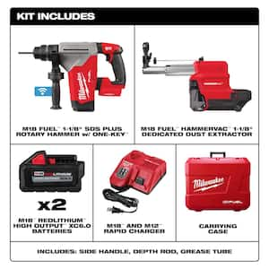 M18 FUEL 18V Lithium-Ion Brushless 1-1/8 in. Cordless SDS-Plus Rotary Hammer/Dust Extractor Kit, Two 6.0Ah Batteries