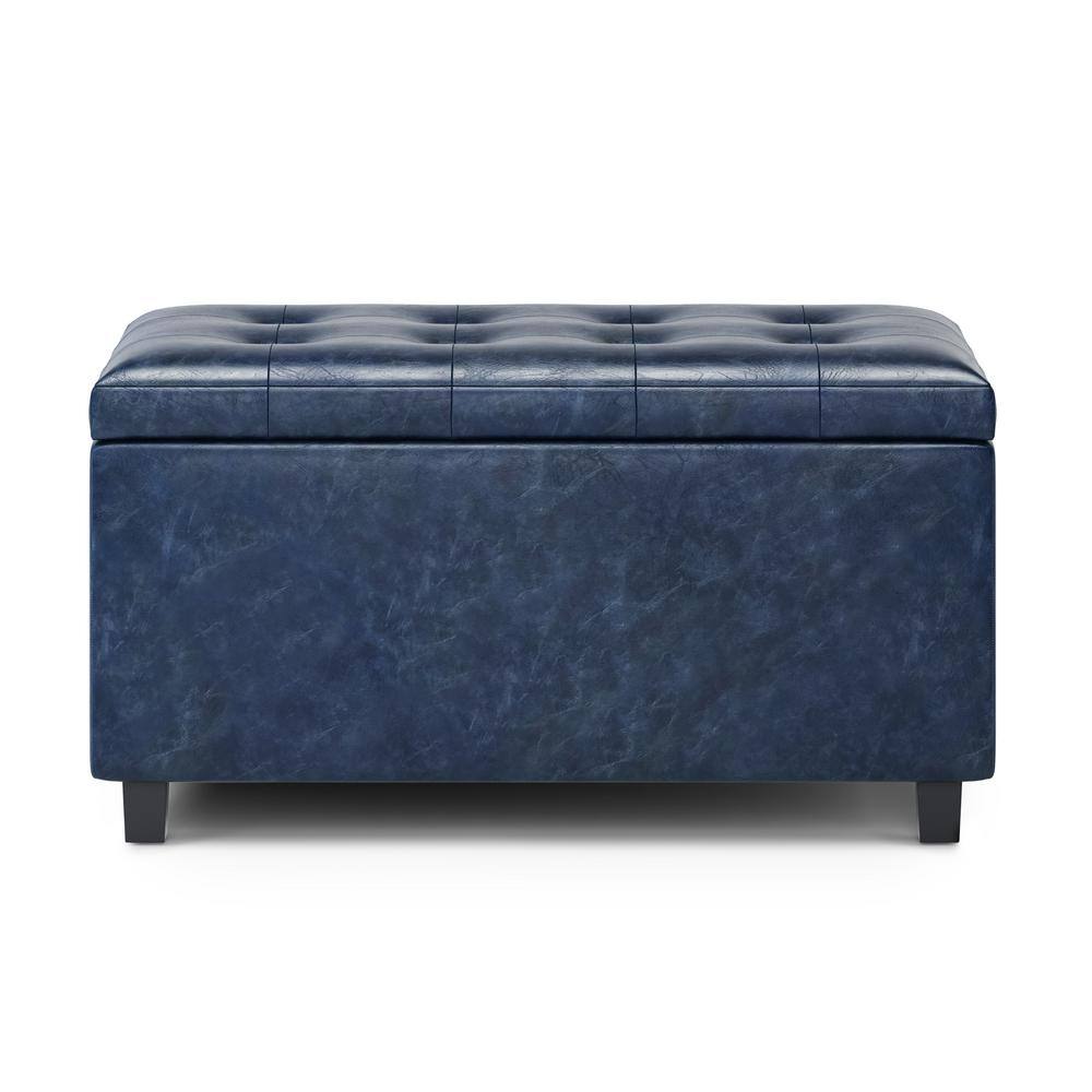 Cosmopolitan Denim Blue Tufted Faux Leather Storage Footstool