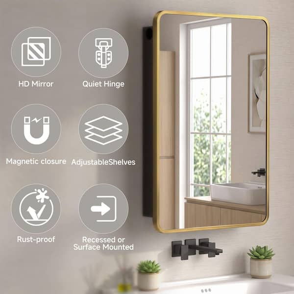 24 in. W x 36 in. H Recessed Rectangular Metal Framed Bathroom Medicine Cabinets with Mirror in Brushed Gold