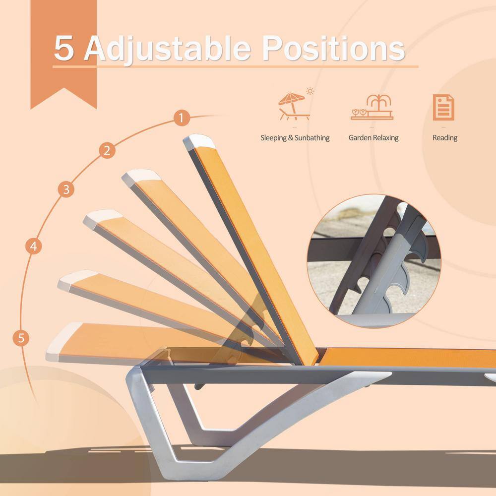 3-Piece White and Orange Adjustable Outdoor Lounge Chair Set