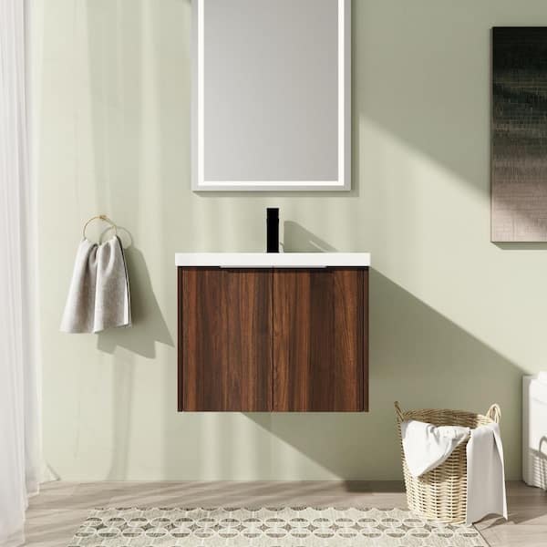 24 in. Wall-Mounted Single Brown Bath Vanity with White Resin Vanity Top Unassembled