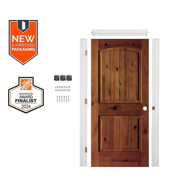 30in.x80in. Alder Left-Hand Red Chestnut Stain V-Groove Wood Assembly Required Interior Door Kit w/ Quick Assemble Jamb