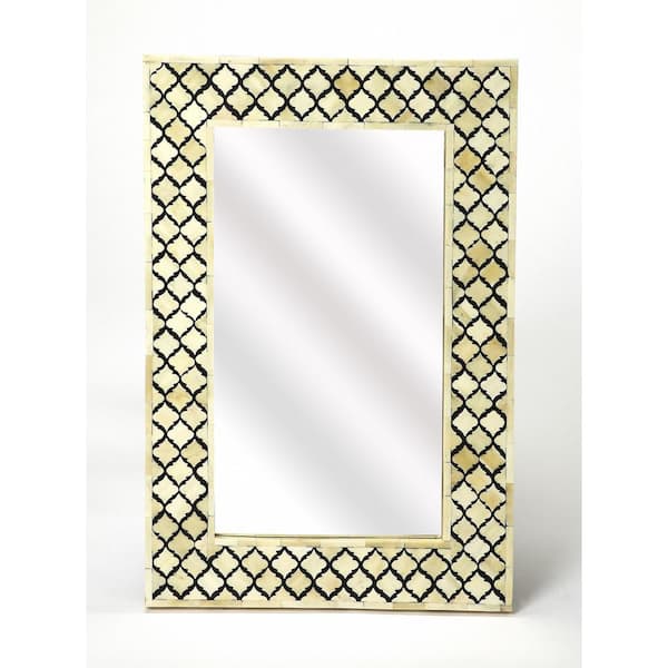 HomeRoots 16 in. W x 24 in. H Ivory and Black Quatrefoil Bone Inlay Framed Wall Mirror