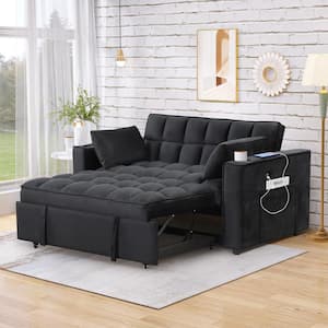 55.3 in. Black Multi-functional Velvet Twin Size Sofa Bed with 2 Pillows Cup Holder USB Port and Side Pockets