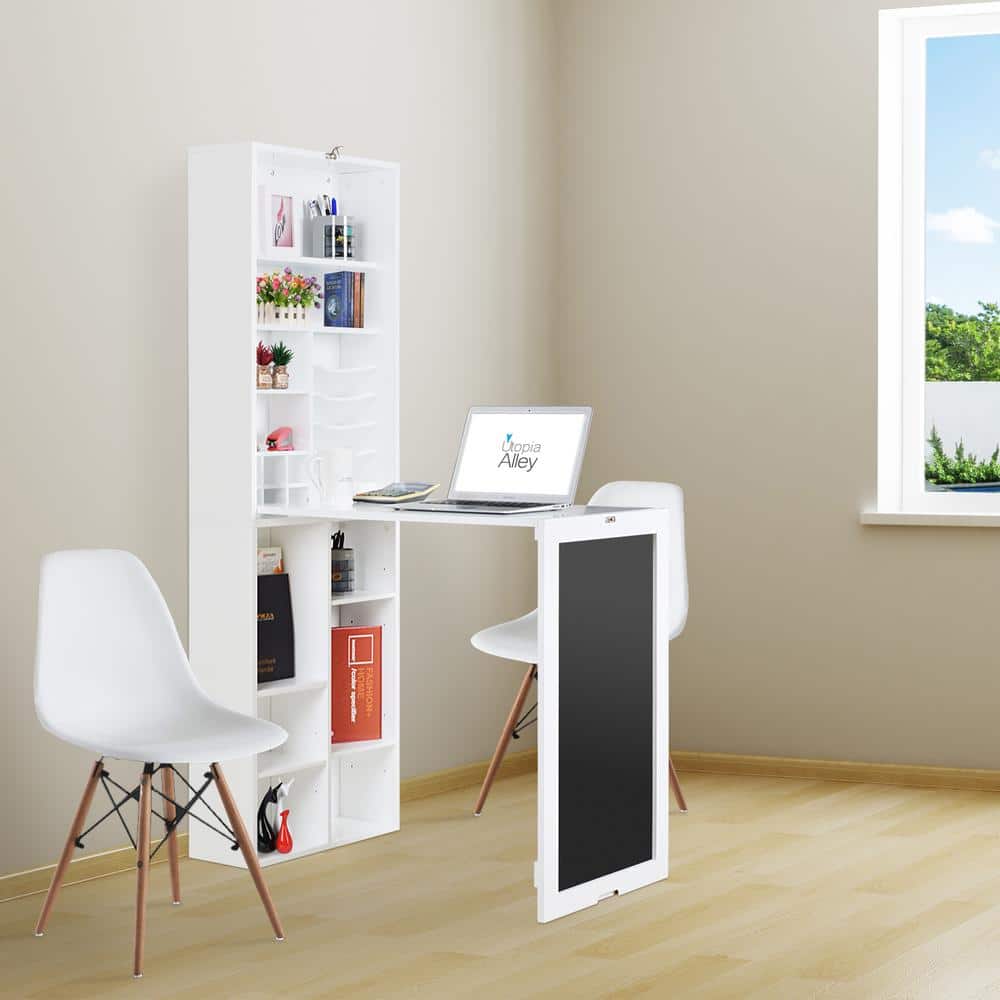Murphy White Laminated MDF Fold-Down Wall Desk with Chalkboard and Storage