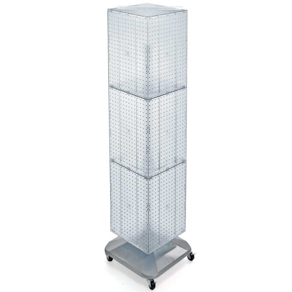 Clear Four-Sided Pegboard Tower Display with Wheeled Base