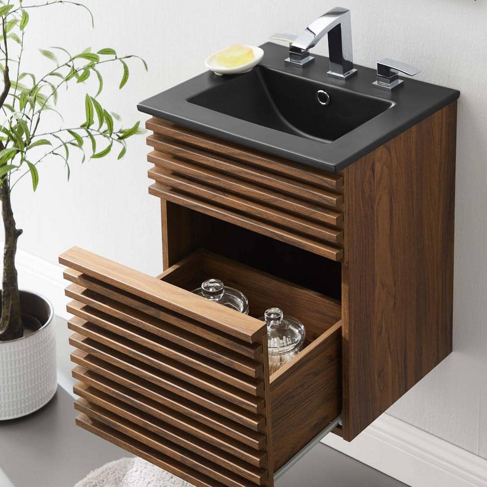 Render 18" Walnut Black Wall-Mount Bathroom Vanity with Ceramic Sink