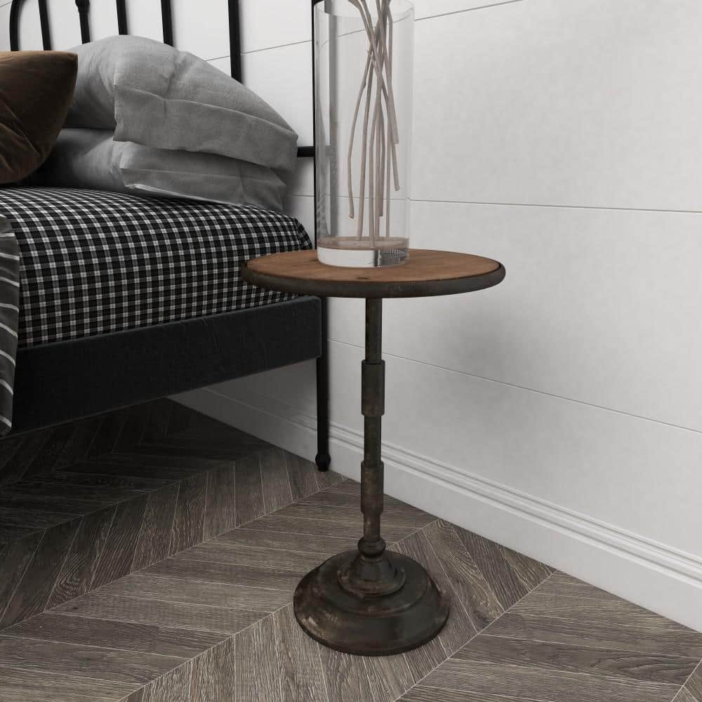Industrial Black Metal and Brown Wood Round Accent Table