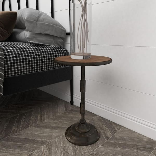 Litton Lane 14 in. Black Large Round Wood End Accent Table with Brown Wood Top