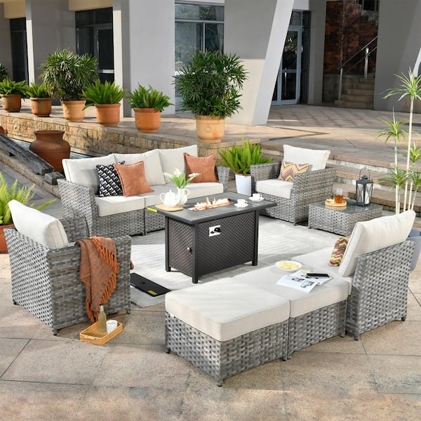 weaxty W Rosemonde Gray 10-Piece Wicker Outerdoor Patio Rectangular Fire Pit Set with Beige Cushions