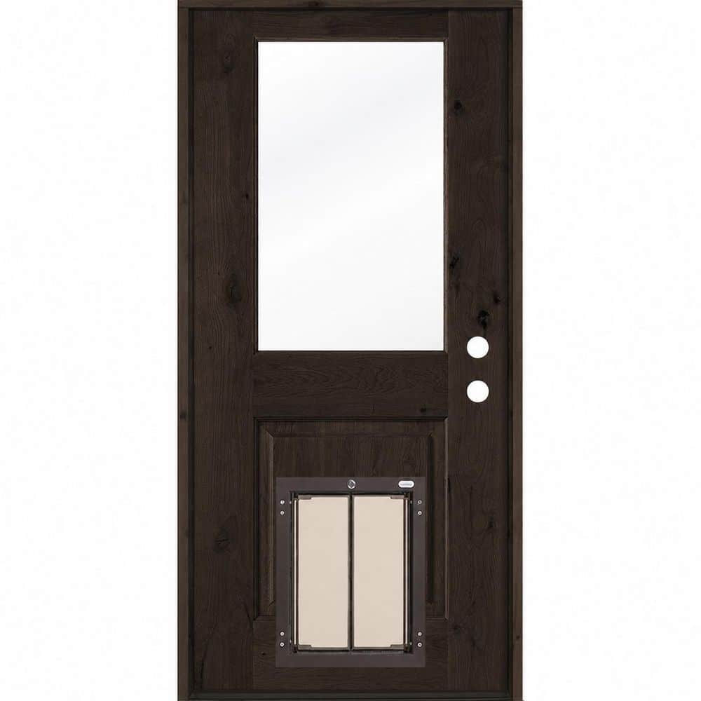 32 in. x 80 in. Knotty Alder Left-Hand/Inswing Clear Glass BEHR True Black Stain Wood Prehung Front Door with Dog Door price history on PriceWatchPro