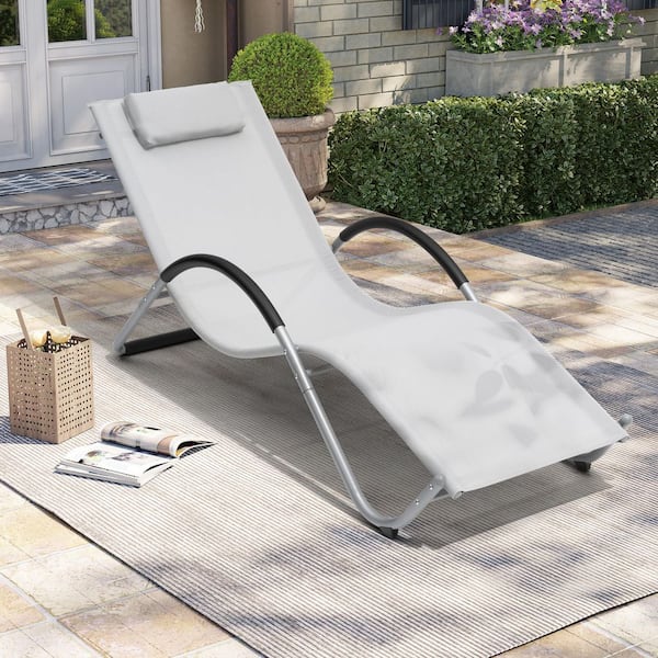 Outdoor Metal Patio Chaise Lounge Chairs with Headrest in Light Gray