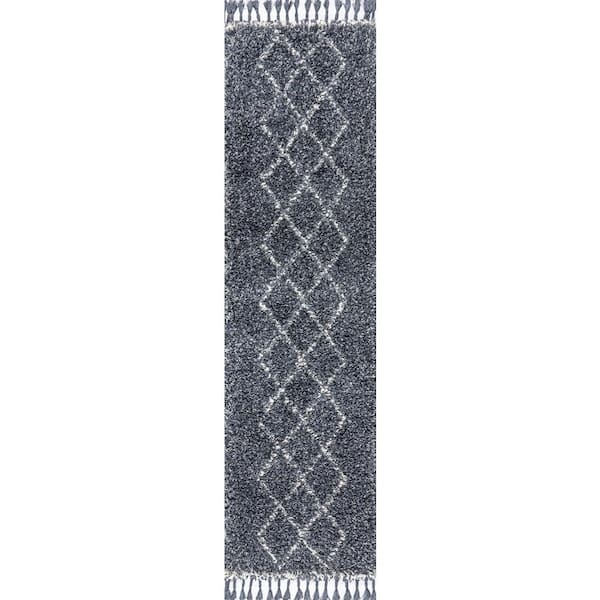 Mercer Shag Plush Tassel Moroccan Tribal Geometric Trellis Denim Blue/Cream 2 ft. x 8 ft. Runner Rug