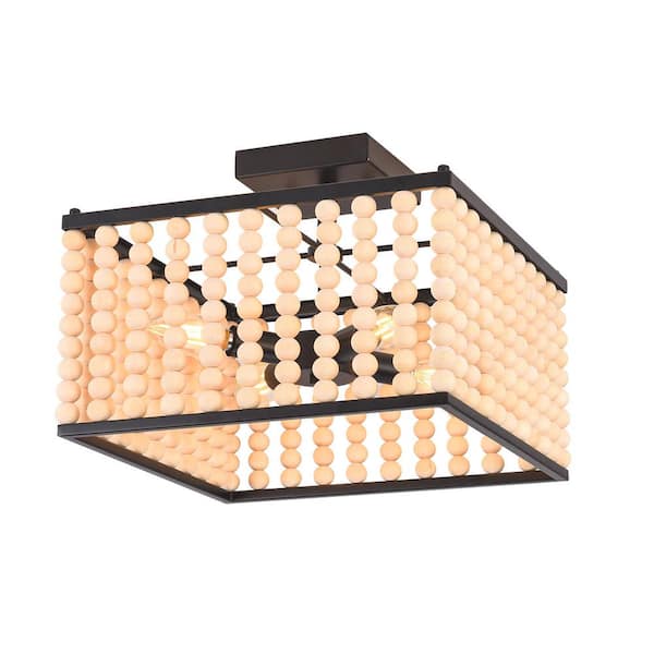 OUKANING 13 in. 4-Light Black Farmhouse Wood Bead Semi-Flush Mount Ceiling Light