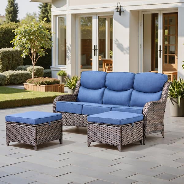 Holion 3-Piece Brown Wicker Patio Sofa Set Outdoor 3-Seat Couch w/ High Back and 6 in. Thick Blue Cushions and Ottomans