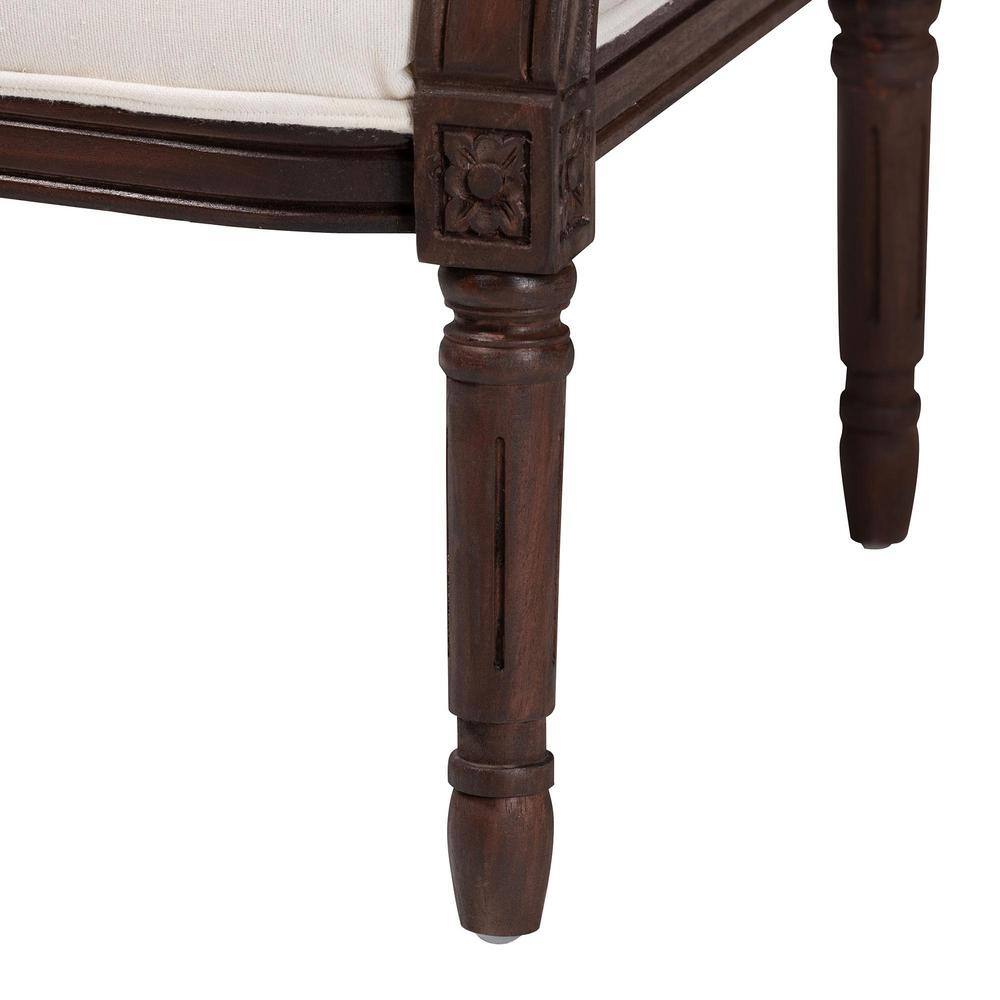 Traditional French Dark Brown Wood and Beige Fabric Accent Chair