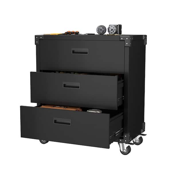 Hephastu 31.50 in. W x 35.33 in. H x 16.54 in. D 3-Shelf Steel Freestanding Cabinet Metal Rolling Tool Storage Cabinet in Black