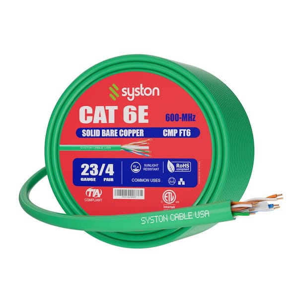 Syston Cable Technology 100 ft. Green CMP (Plenum Rated) Cat6e 600 MHz 23 AWG Solid Bare Copper Ethernet Network Data Cable - Bulk No Ends