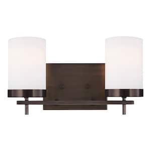 Zire 14 in. W 2-Light Brushed Oil Rubbed Bronze Bathroom Vanity Light with Etched White Glass Shades