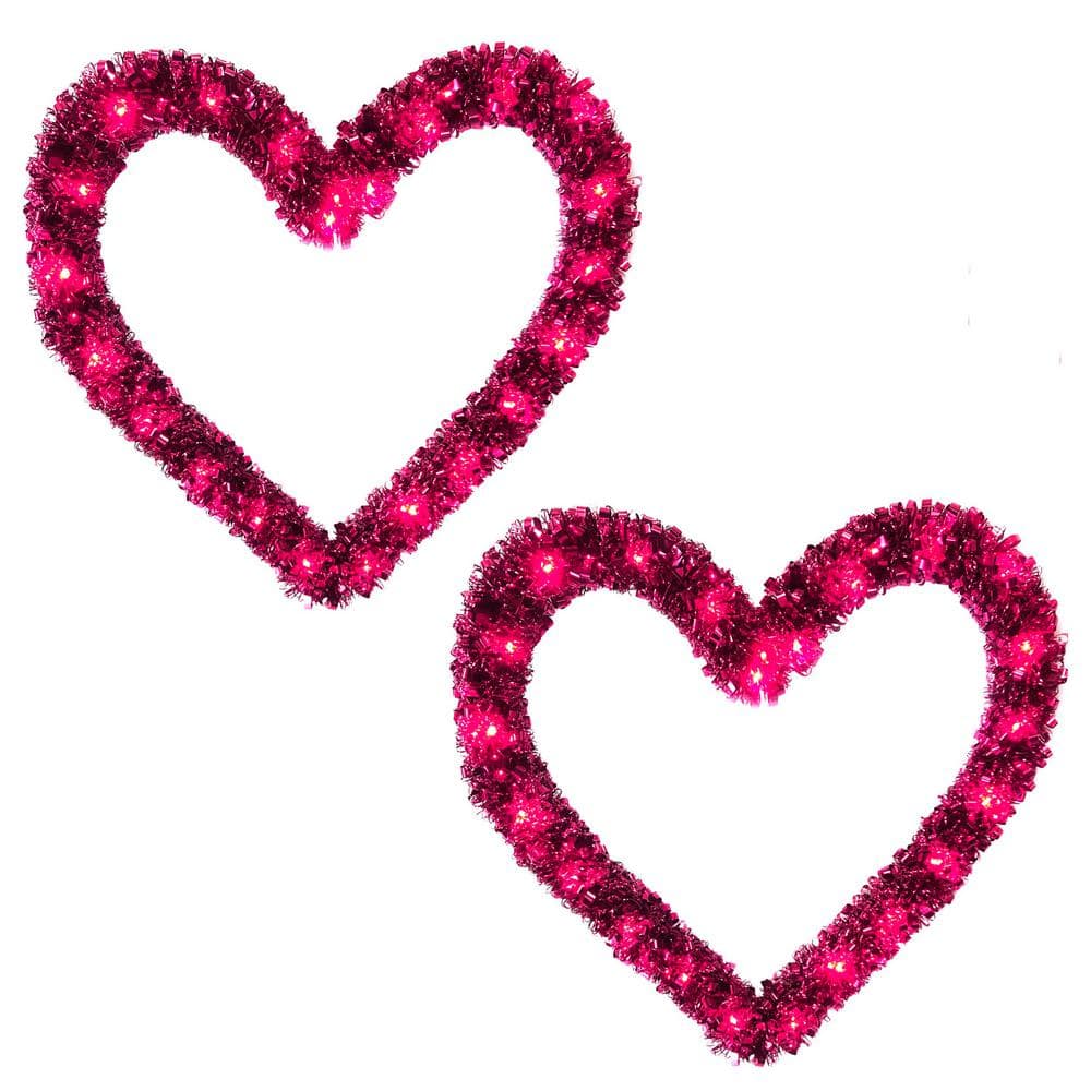 12 in. LED Valentine Pink Heart Curly Tinsel Frame with Fairy Lights