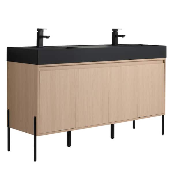 FINE FIXTURES Crownpoint 60 in. Freestanding Double White Oak Bathroom Vanity with Black Acrylic Sink Top Unassembled