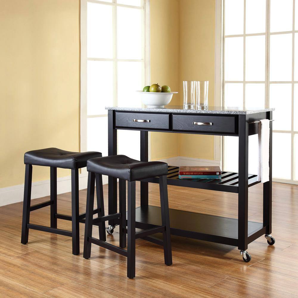 Black Granite Top Kitchen Cart with Storage and Drawers