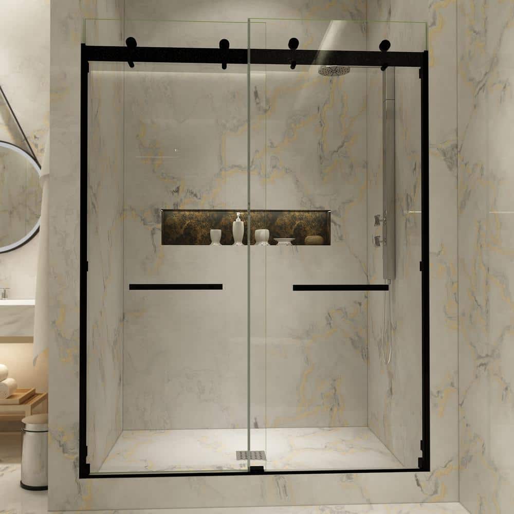 Matte Black Frameless Double Sliding Shower Door with Clear Glass