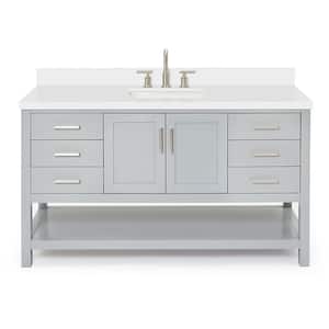 Magnolia 61 in. W x 22 in. D x 36 in. H Bath Vanity in Grey with Pure Quartz Vanity Top in White with White Basin