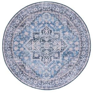 Tucson Blue/Charcoal 6 ft. x 6 ft. Machine Washable Medallion Floral Border Distressed Round Area Rug