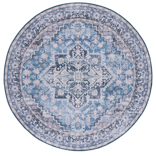 SAFAVIEH Tucson Blue/Charcoal 6 ft. x 6 ft. Machine Washable Medallion Floral Border Distressed Round Area Rug