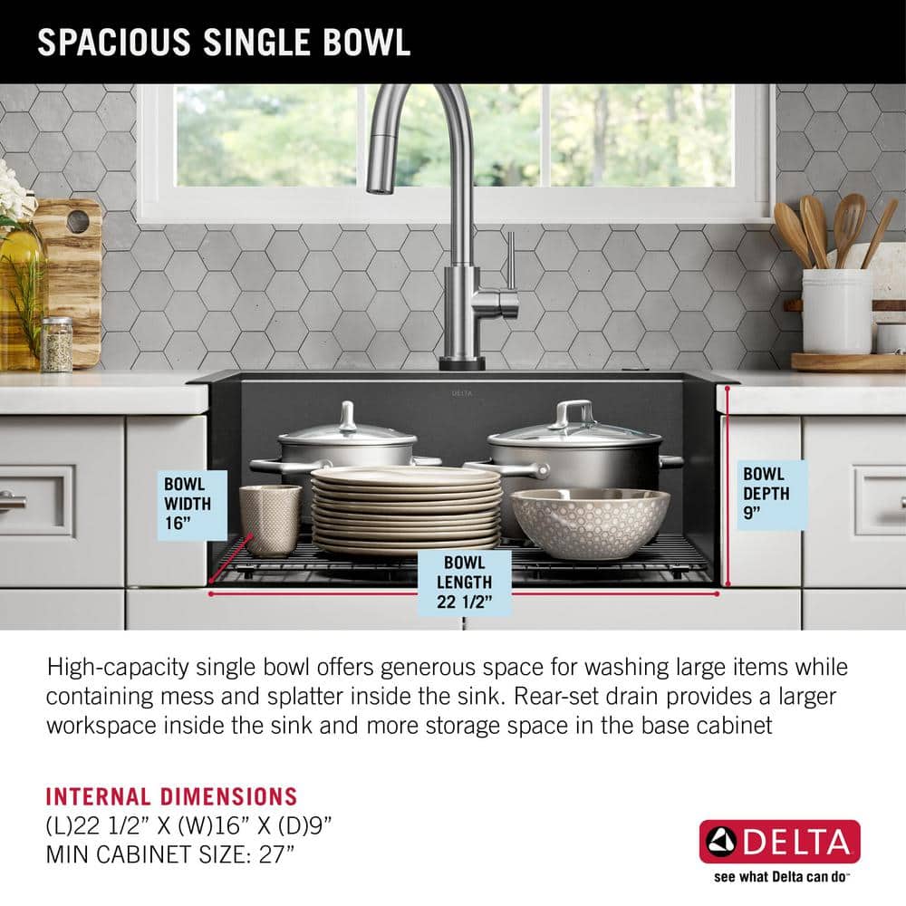 Delta Rivet 25" Black Stainless Steel Single Bowl Workstation Kitchen Sink