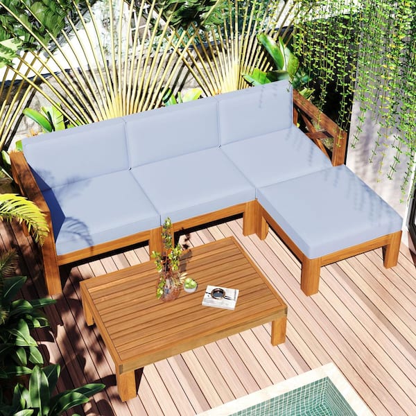 5-Piece Natural Wood Outdoor Sectional Set with Gray Cushions, Tea Table