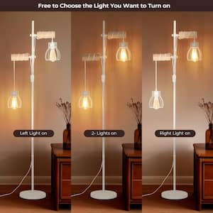 65 in. White Wood Retro 2-Light Standard Tree Floor Lamp with Iron Cover Shade with Dual Switch for Living Room Bedroom