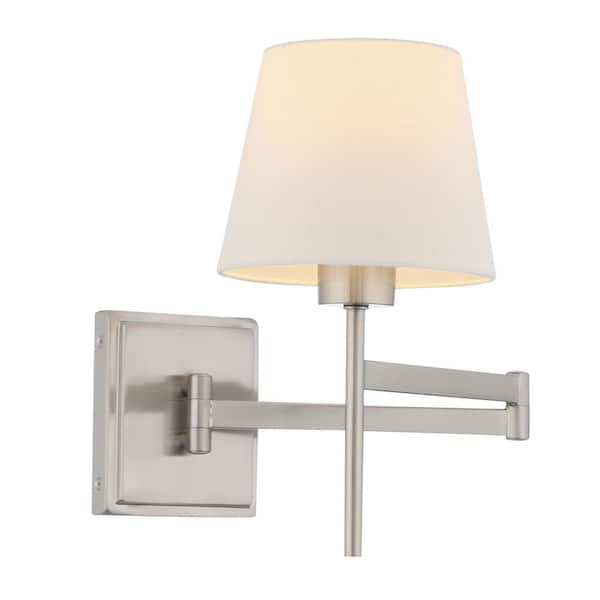 Hampton Bay Swing Arm Wall Sconce in Brushed Nickel Finish White Linen Shade 