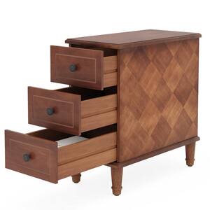 Calvin 11.81 in. W Fully Assembled Narrow Brown Wood End Side Table 3-Drawers Nightstand Bedside Table Small Spaces