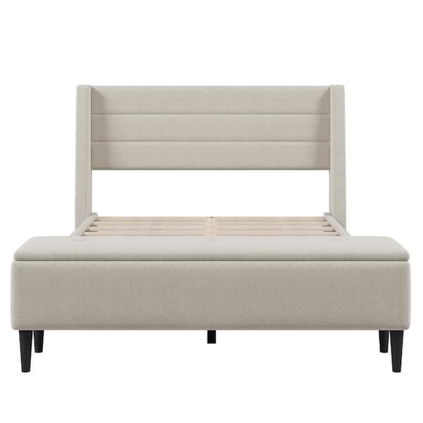 Maincraft Beige Wood Frame Queen Platform Bed with Storage Ottoman Bench